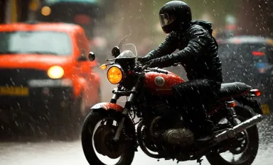 Un motard roulant sous la pluie