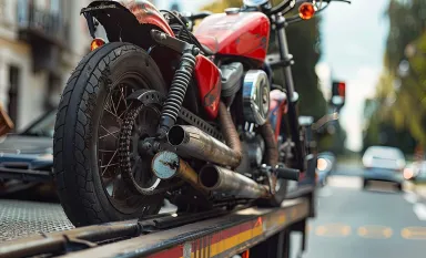 Une moto rouge accidentée installée sur un camion de dépannage
