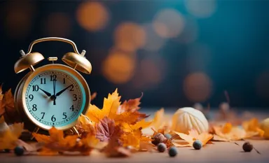 Une horloge posée sur une table en bois avec des feuilles mortes posées tout autour