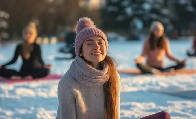 Une jeune femme souriant pendant une session de yoga dehors sous la neige