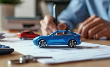 Une voiture bleue miniature posée sur un contrat