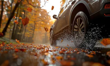 Une voiture roulant sous la pluie en automne avec des feuilles mortes sur la chaussée