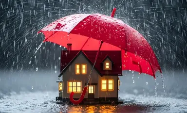Une maison miniature sous la pluie et protégée par un parapluie rouge