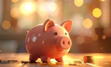 Un cochon tirelire rose posé sur une table à côté de pièces de monnaie, avec des petites lumières en arrière plan