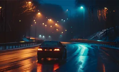 Une voiture circulant de nuit sur une route éclairée