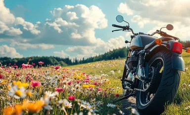 Une moto garée sur un champs de fleurs
