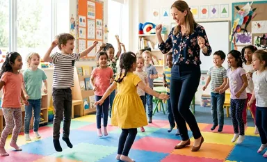 Des élèves de maternelle dansant et sautant avec leur maîtresse