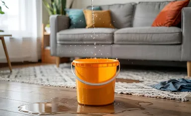 Un seau orange posé sur le sol d'un salon pour récupérer l'eau d'une fuite