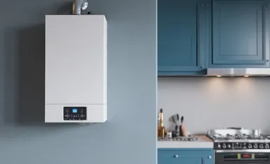 Une chaudière à gaz installée sur un mur bleu dans une cuisine