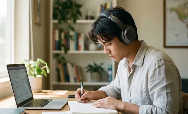 Un jeune étudiant travaillant devant son ordinateur portable