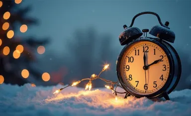 Une horloge posé sur un tapis de neige indiquant 2 heures 