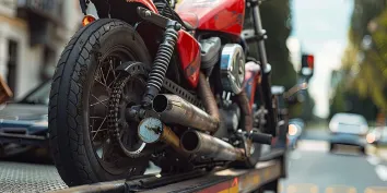 Une moto rouge accidentée installée sur un camion de dépannage