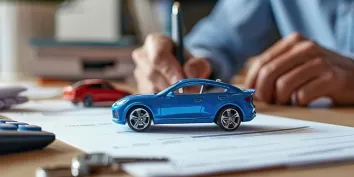 Une voiture bleue miniature posée sur un contrat