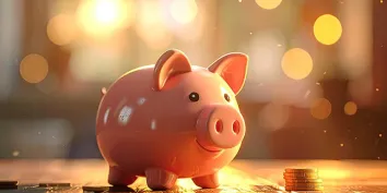 Un cochon tirelire rose posé sur une table à côté de pièces de monnaie, avec des petites lumières en arrière plan