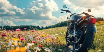 Une moto garée sur un champs de fleurs