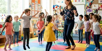 Des élèves de maternelle dansant et sautant avec leur maîtresse