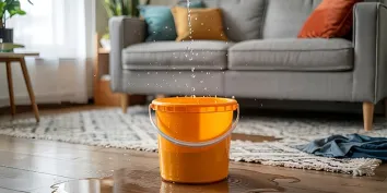 Un seau orange posé sur le sol d'un salon pour récupérer l'eau d'une fuite