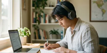 Un jeune étudiant travaillant devant son ordinateur portable