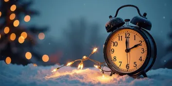 Une horloge posé sur un tapis de neige indiquant 2 heures 