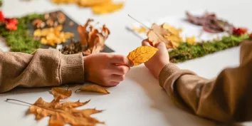 Des mains d'enfants créant un dessin avec des feuilles d'arbres et de la mousse