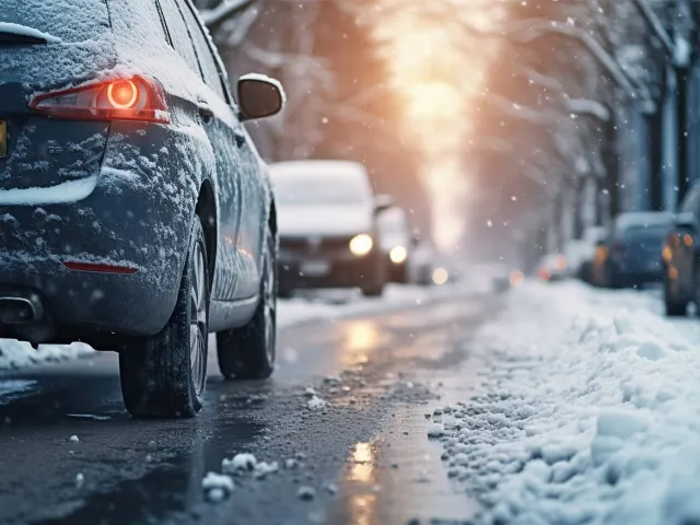 Une voiture roulant sur une route enneigée
