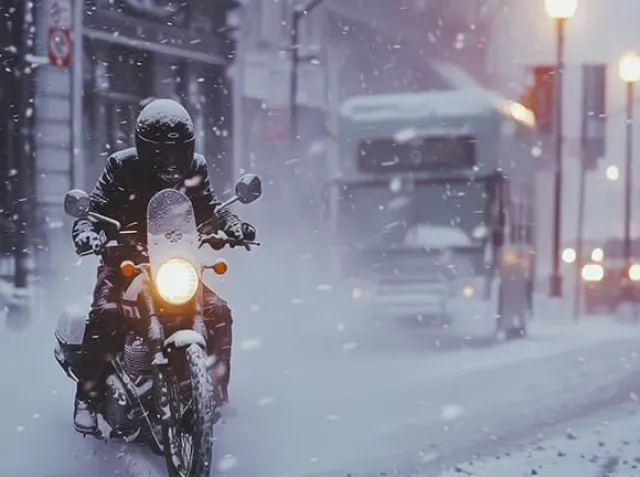 Un homme à moto roulant sur une route enneigée en ville