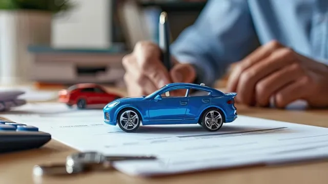 Une voiture bleue miniature posée sur un contrat