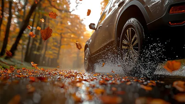 Une voiture roulant sous la pluie en automne avec des feuilles mortes sur la chaussée