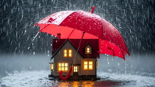 Une maison miniature sous la pluie et protégée par un parapluie rouge