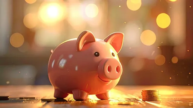 Un cochon tirelire rose posé sur une table à côté de pièces de monnaie, avec des petites lumières en arrière plan