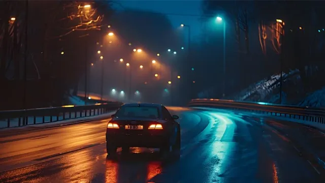 Une voiture circulant de nuit sur une route éclairée