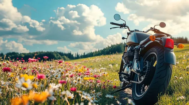 Une moto garée sur un champs de fleurs