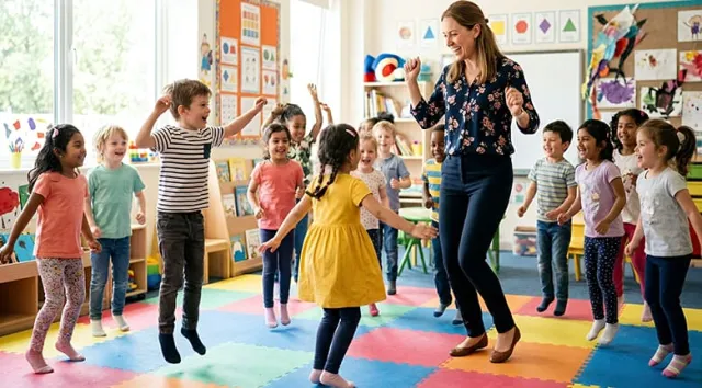 Des élèves de maternelle dansant et sautant avec leur maîtresse