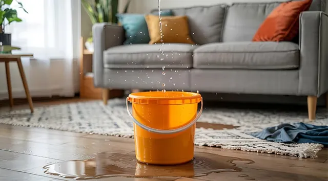 Un seau orange posé sur le sol d'un salon pour récupérer l'eau d'une fuite