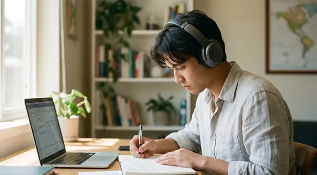 Un jeune étudiant travaillant devant son ordinateur portable