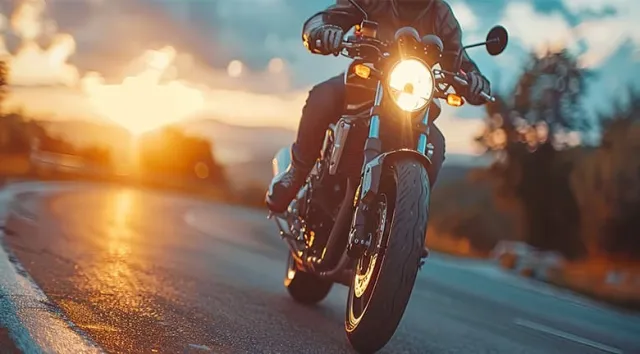 Un motard roulant au crépuscule